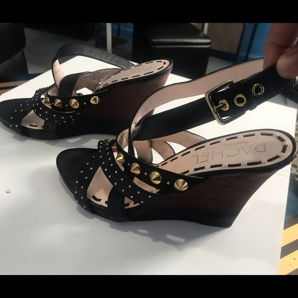 Rachel by Rachel Roy Black Makena Gold Studded Platform Leather Wedges